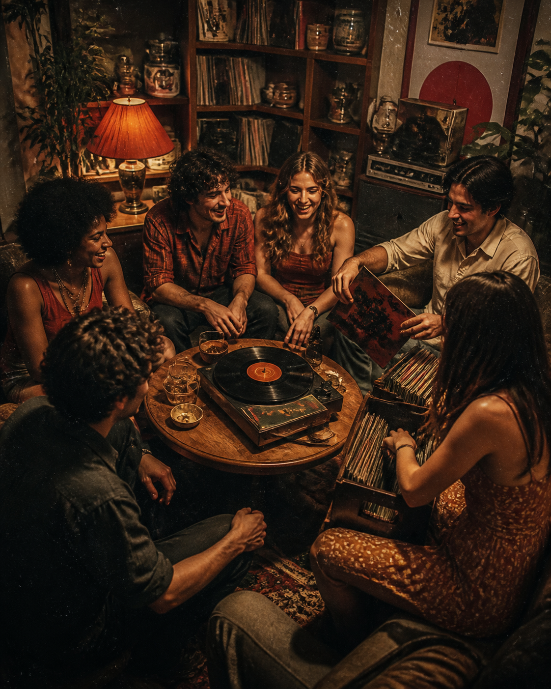Friends sharing music at a listening party