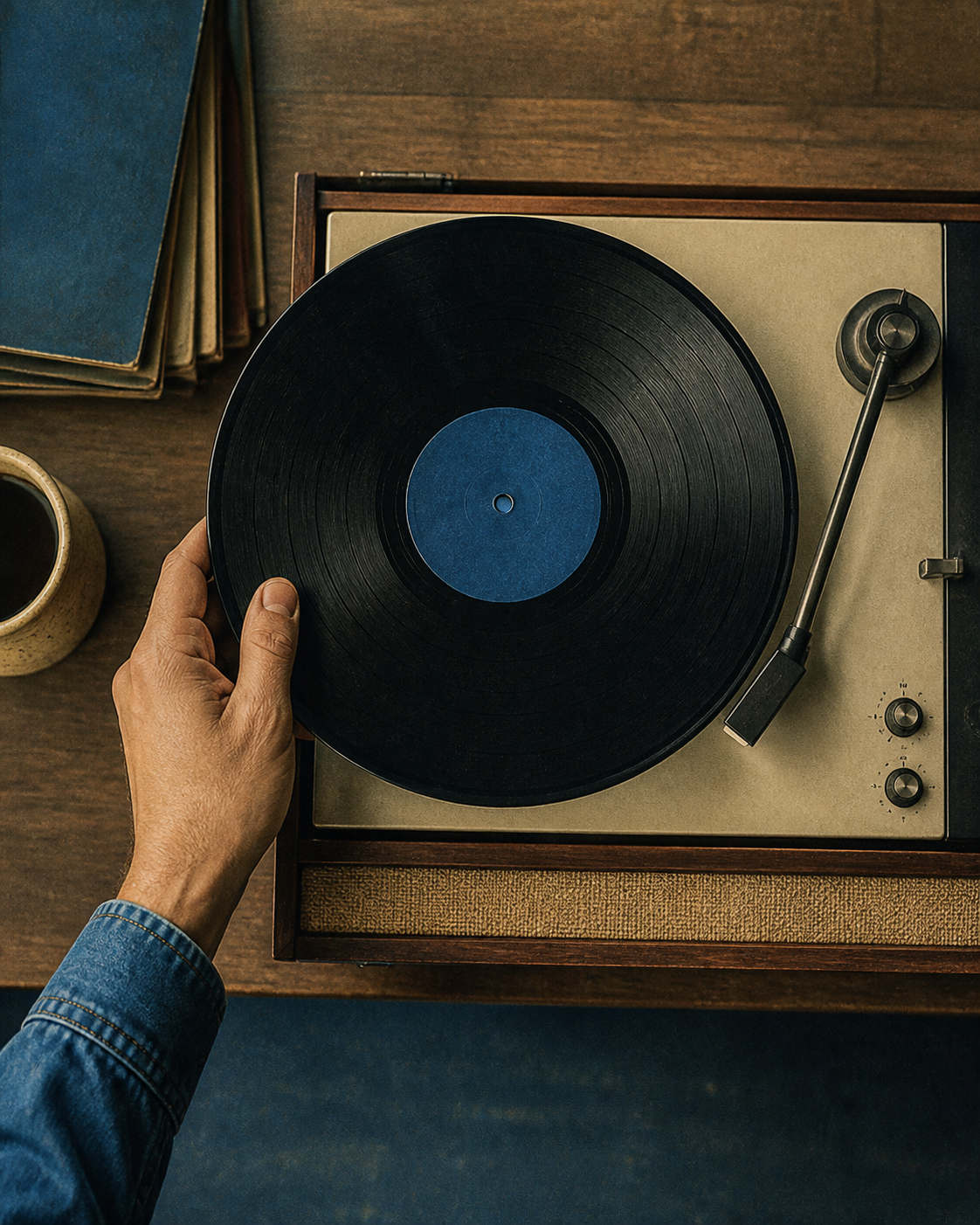 A hand placing a record on a turntable